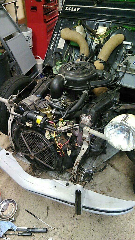 2CV with bonnet and wings removed showing engine